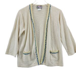 April Cornell Linen Blend Cardigan Sweater Floral And Velvet Trim Medium Ivory
